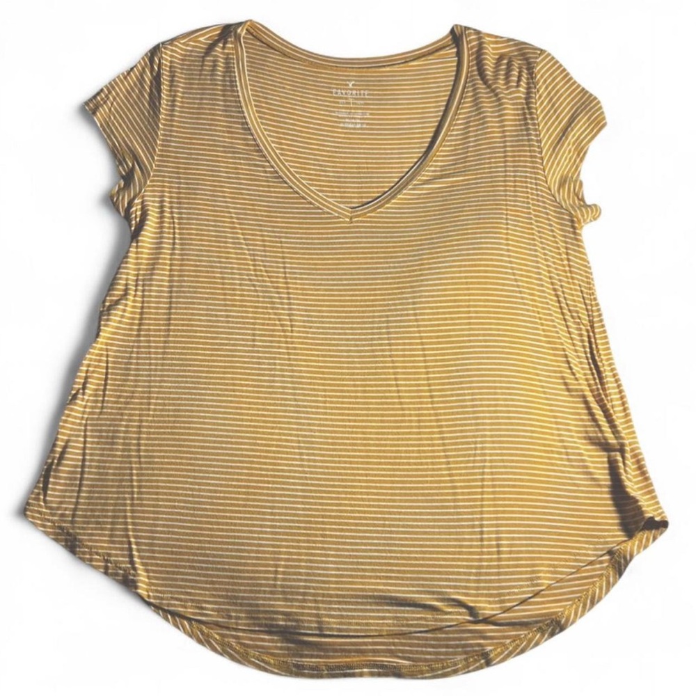 American Eagle Yellow Striped V-Neck Tee
